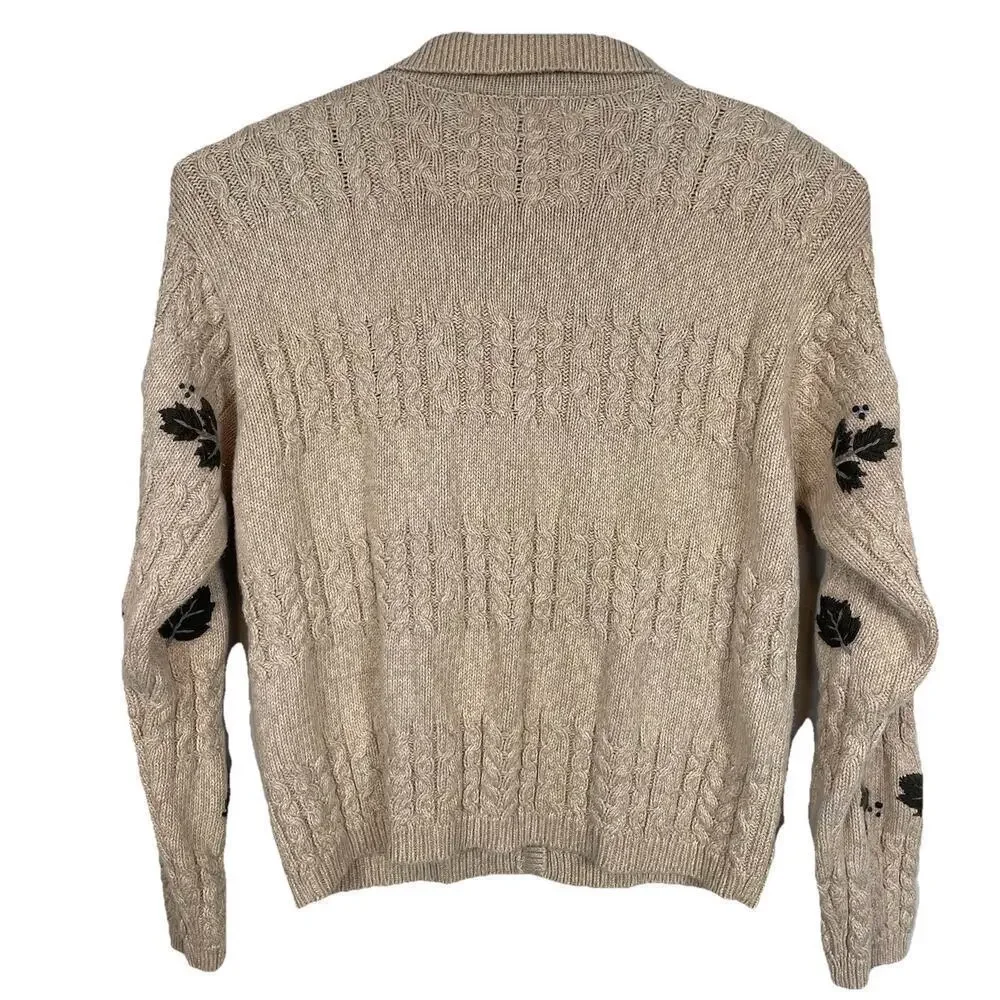 Vtg Cable Knit Cardigan Sweater Size L Beige Embroidered Fall Leaves Cottagecore